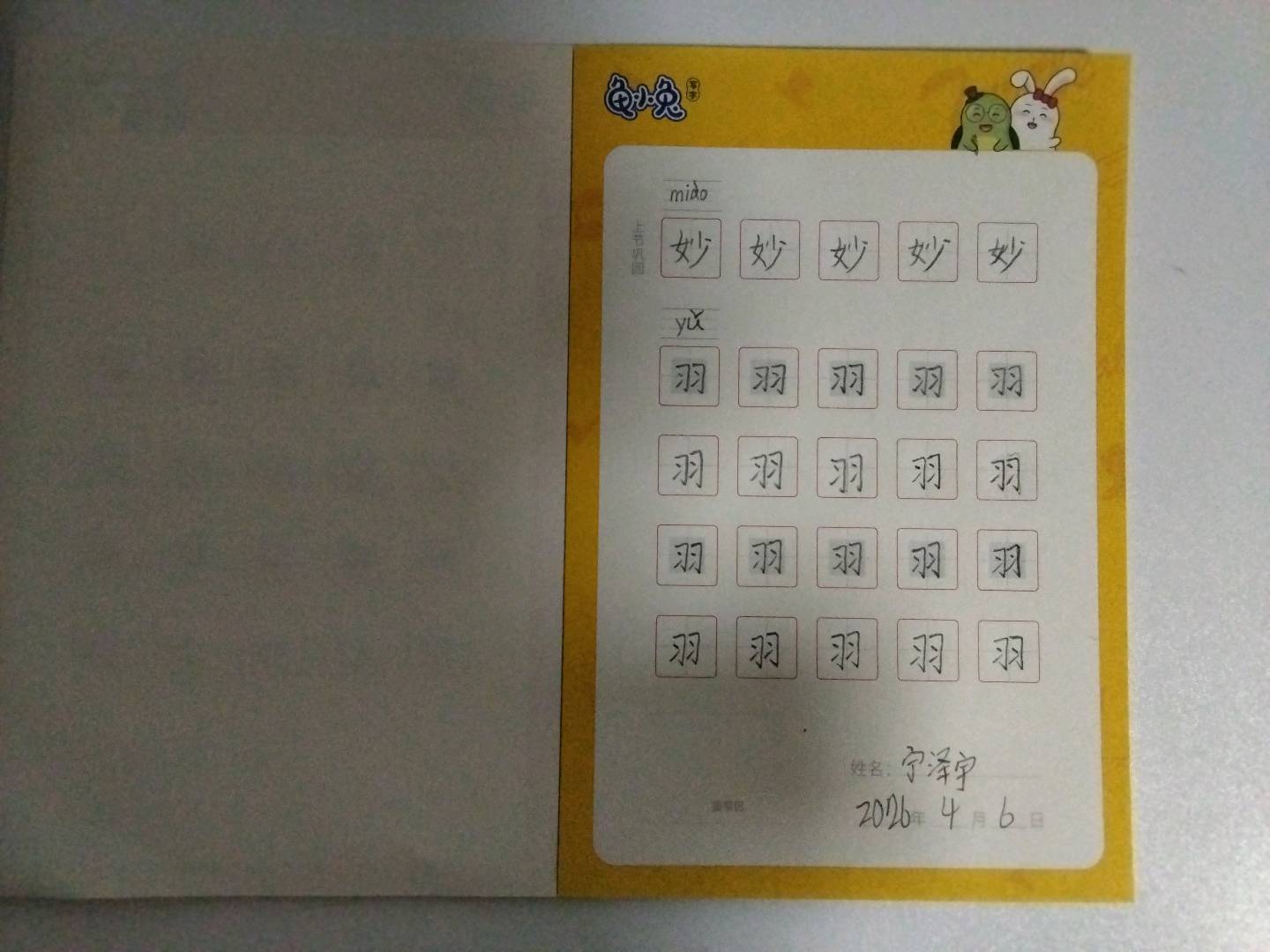 龟小兔写字优秀作品展示：宁泽宇/一年级/练字1天